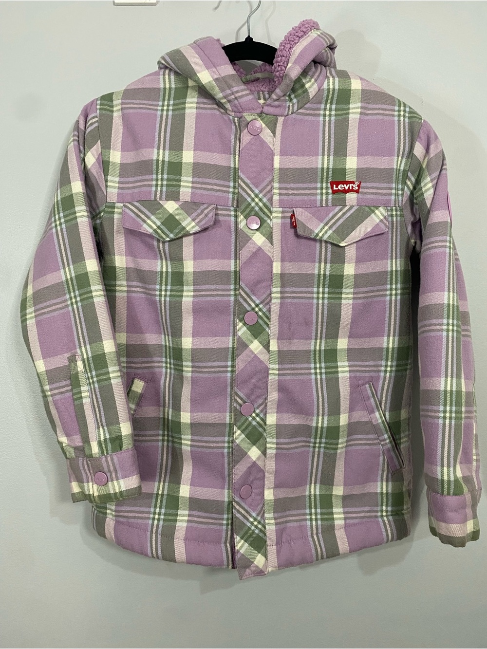 Levi's Girls Lavender and Green Plaid Hooded Button Jacket